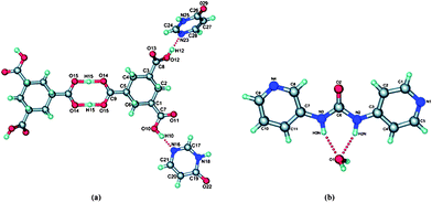 The primary intermolecular interactions in (a) the co-crystal of H3cta (4(3H-pyrimidonone)2 and in (b) 3,4-pyrU hydrate.65