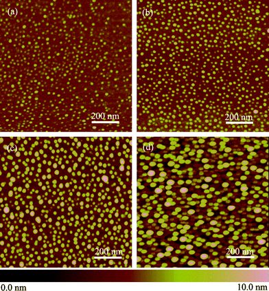 Planar AFM images of the gas-etched dots on silicon, after cleaning the self-assembled PS-b-PEO templates, at different etch times. (a) 10 s, (b) 1 min, (c) 10 min and (d) 30 min. For all AFM images the scan size is 1 μm × 1 μm and the height scale is 10 nm.