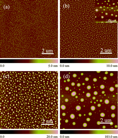 Planar AFM images of the gas-etched dots on silicon at different etch times. (a) 30 s, (b) 1 min, (c) 10 min and (d) 60 min. For all AFM images the scan size is 10 μm × 10 μm; The height scale is 10 nm and the height scale is marked in all images.