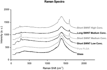 Raman spectra at excitation wavelength 785 nm of the glass substrate, a pure PLGA film, and SWNT–PLGA films of low concentration (1/7000 w/w) short (ca. 300 nm) SWNT, medium concentration (1/700) short SWNT, medium concentration long (>3 µm) SWNT, and high concentration (1/70) short SWNT.