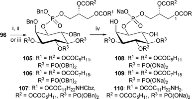 Synthesis of short chain analogues of PI(3,4,5)P3 108–110. Reagents and conditions: i. phosphoramidite 102, 1H-tetrazole, CH2Cl2, rt, then mCPBA, −78 °C → rt, 105: 67%; ii. phosphoramidite 103, 1H-tetrazole, CH2Cl2, rt, then m-CPBA, −78 °C → rt, 106: 75%; iii. phosphoramidite 104, 1H-tetrazole, CH2Cl2, rt, then mCPBA, −78 °C → rt, 107: 79%; iv. H2 (3.5, 3.1 or 25 bar), Pd black, NaHCO3, tBuOH/H2O (6/1), 108: 96% from 105; 109: 80% from 106; 110: 78% from 107.