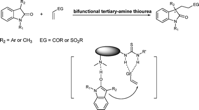 Strategy of bifunctional tertiary-amine thiourea catalyzed Michael reactions of oxindoles to terminal alkenes.