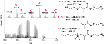 MALDI-TOF MS spectrum of PEGMEMA2080 reacted with 2-ME in the presence of 40.0 eq. of n-pentylamine PAm12.