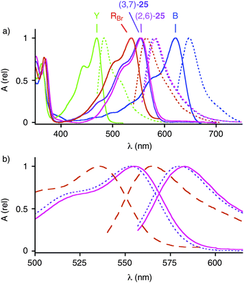 (a) Absorption (solid) and emission (dotted) spectra of the two regioisomers of RO, i.e., (2,6)-25 (magenta) and (3,7)-25 (violet), in dichloromethane compared to the corresponding Y (green), RBr and RCl (red, mixtures of regioisomers), and B (blue, data adapted from ref. 26). (b) Magnified absorption and emission spectra of (2,6)-25 (solid) and (3,7)-25 (dotted) compared to the corresponding RBr and RCl (dashed).