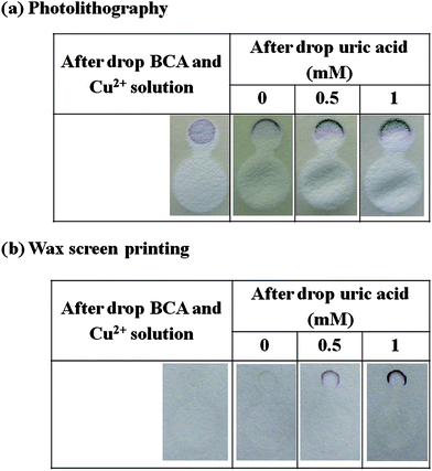 Cross-reaction test with BCA assay: (a) photolithography and (b) paper devices fabricated by our method.