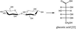 One-pot aqueous hydrolytic oxidation of cellobiose yields gluconic acid.63