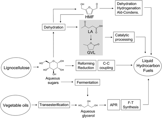 Main catalytic routes for the aqueous-phase conversion of sugars and derivatives into liquid hydrocarbon transportation fuels.