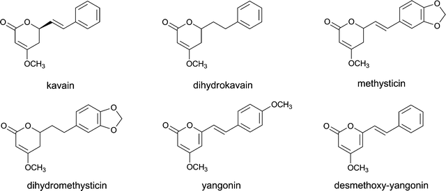 The structural formulae of the main kavalactones found in Piper methysticum.