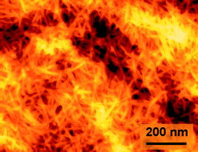 
          AFM image of the surface of a nanofiber film prepared from TEMPO-oxidized softwood cellulose.28Reproduction of image from ref. 28 with permission from American Chemical Society (© American Chemical Society 2009).