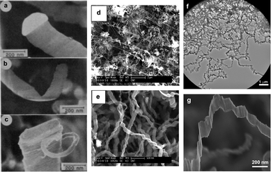 
            CVD grown graphitic nanoribbons. (a) SEM micrographs by Murayama and Maeda of the ribbon-like filaments of graphite prepared at 700 °C, using a bright catalytic particle that is located on the tip of the filament; (b) the ‘tail’ of a ribbon-like filament prepared at 700 °C; (c) the cross-section of a ribbon-like filament prepared at 550 °C ((a), (b) and (c) are reprinted by permission from Macmillan Publishers Ltd: Nature (Ref. 20), copyright (1990)); (d) SEM image of a mixture of carbon nanoribbons and Fe filled MWNTs reported by Mahanandia et al.;21 (e) Magnified SEM image of carbon nanoribbons ((d) and (e) are reprinted from Ref. 21, Copyright (2008), with permission from Elsevier). (f) A low magnification TEM image of many suspended GNRs reported by Campos-Delgado et al.;19 (g) SEM image showing the wavy structure of graphitic nanoribbons ((f) and (g) are reprinted with permission from Ref. 19. Copyright 2008 American Chemical Society).