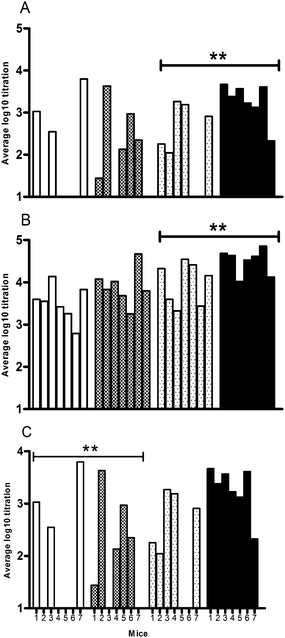 The immune response in mice after subcutaneous injection of HA formulations: HA-specific serum IgG titers after prime (A) and boost (B), and HI titers after boost (C). Each bar represents the titer of an individual mouse. The formulations tested are: □ 2.5 µg ml−1 HA,  2.5 µg ml−1 HA + PBLG50-K,  10 µg ml−1 HA, ■ 10 µg m−1 HA + PBLG50-K (**: significant difference between the average titers of each group, for p < 0.01).