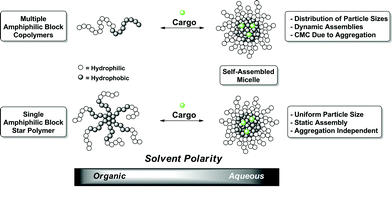 Generic illustration of the assemblies and loading of linear and star block copolymers.