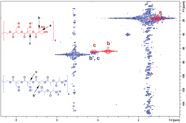 Complete initiation of the bis-MPA G-3 dendrimer was confirmed by 2D-NMR. The G-3 initiator (red spectra) shows the terminal methylene proton/carbon coupling b, which completely transforms into a new chemical shift b′ on the star polymer spectra (blue).
