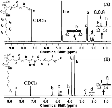 
            1H NMR spectra of (A) PPLG112 and (B) PPLG112-g-MEO2 (in CF3COOD + CDCl3 (1/1, v/v)).