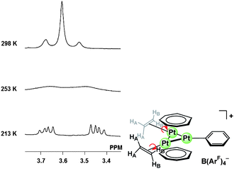Variable temperature 1H NMR spectra of [Pt3(μ3-C7H7)2(Ph)(C2H4)2][B(ArF)4] (3′-C22H44-Ph) in CD2Cl2 (the resonances for ethylene protons are shown).