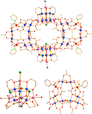 Representations of the molecular structure of 1 (top) and its MnIII6MnII4 supertetrahedral (bottom, left) and MnIII8Ni2 loop (bottom, right) subunits. Colour code: MnIII, blue; MnII, lavender; NiII, orange; O, red; N, light green; Cl, green; C, gray. H atoms are omitted.