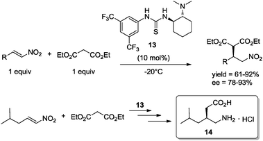 Enantioselective Michael addition under solvent-free conditions. Application of chiral organocatalyst 13 in the enantioselective synthesis of pregabalin.33h