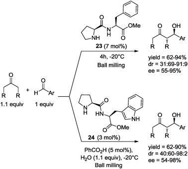 Asymmetric aldol reaction catalyzed by dipeptides 23 and 24 under ball-milling conditions.