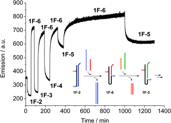 Real-time monitoring of the switching between the five different switching states, recording acceptor emission (λex = 495 nm, λem = 583 nm), and schematic drawing of the first steps. The final switches between 1F·6 and 1F·5 show the reversibility and stability of the system.