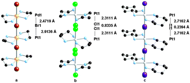 Crystal structures of [Pd(en)2][Pd(en)2Br2](ClO4)4 (a), [Pt(tn)2][Pt(tn)2Cl2] (b) and [Pt(chnx)2I]I2 (c). All hydrogen atoms along with counterions have been removed for clarity.