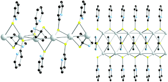 Crystal structure of isostructural [{Ag(C5H5NS)2}(BF4)2]n and [{Ag(C5H5NS)2}(ClO4)2]n chains (left). Ladder chain observed in the molecular structure of [{Ag4(C5H5NS)6}(NO3)4]n (right). Non-coordinating counterions and H atoms are not shown for clarity.