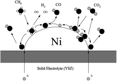 Proposed molecular mechanisms for dry reforming over a Ni-YSZ-CeO2 solid oxide fuel cell electrode.23