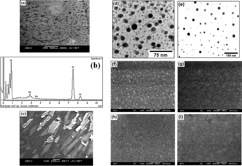 (a) Low magnification SEM image and (b) EDX spectrum of Ni/Pd(1), (c) SEM image of Ni/Pd(e-chem), (d, e) representative TEM images of Pd nanoparticles from 1 h and 2 h-refluxed sol, (f–i) high magnification SEM images of Ni/Pd(i) (i = 1–4) respectively.