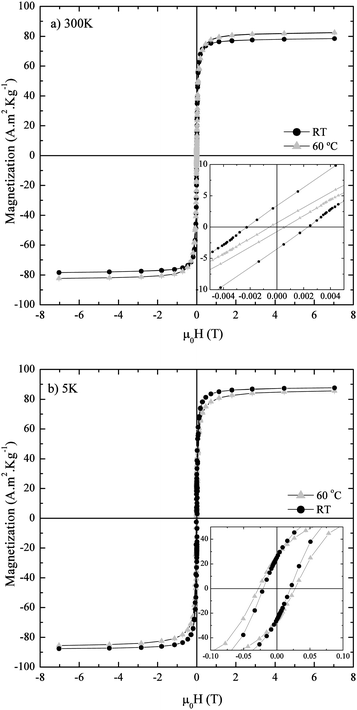 Magnetization curves of iron oxide nanoparticles synthesized at pH 9 and T = RT and T = 60 °C measured at (a) 300 K and (b) 5 K.