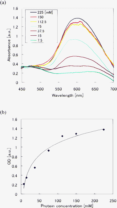 Absorption measurement of BSA standards using the optofluidic chip. (a) Absorbance spectra of BSA standards with different protein concentrations. (b) Standard curve of OD for protein concentration was obtained by plotting the peak intensity in (a). A detection limit of 7.5 mM protein concentration was obtained using the optofluidic chip.