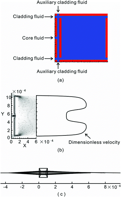 Numerical model of the lens: (a) domain calculated in numerical simulation, (b) velocity profile in the rectangular chamber for the diverging mode. The flow rates of the core and cladding streams are fixed at same value of 0.5 ml h−1. The voltage applied to the cladding stream is 5000 V. (c) Numerical ray-tracing results. The flow rates of the core and cladding streams are fixed at the same value of 0.5 ml h−1. The voltage applied to the core stream is −3000 V.