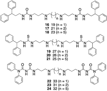 Structures of (bis)alkylureas 16–18, (bis)alkylthioureas 19–21 and (bis)alkylcarbamoylureas 22–24.