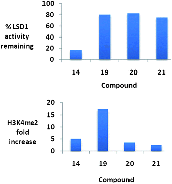 Percent inhibition at 10 μM and the corresponding changes in global H3K4methylation produced by compounds 14 and 19–21. These data were extracted from original graphs that appeared in ref. 74.