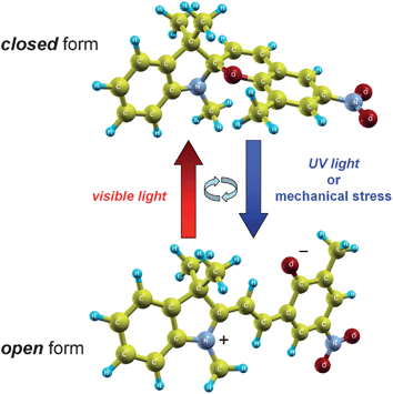 Molecular structures of a closed-configuration spiropyran and its charge-separated open merocyanine form. The open structure can be formed by photoexcitation with UV irradiation or through an externally-applied mechanical stress. The isomerization process is reversible upon irradiation with visible light, which restores the closed spiropyran form.