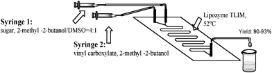 Microreactor setup for the continuous-flow synthesis of sugar esters catalyzed by Lipozyme TL IM.