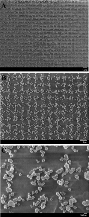 SEM images of 2D arrays of CuO islands comprised of CuO particles.