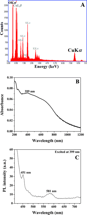 EDAX (A), UV-vis absorption (B), and photoluminescence (C) spectra of well-aligned CuO nanostructures.
