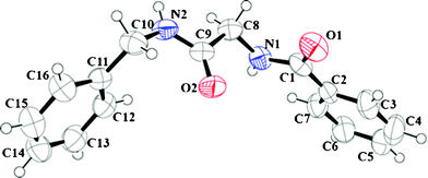 ORTEP molecular diagram with ellipsoid at 50% probability of N-2-benzyl amino-2-oxoethyl benzamide (3) CCDC # 837222.