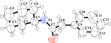 ORTEP molecular diagram with ellipsoid at 50% probability of N-cyclohexyl-2-phenyl-acetamide (17) CCDC # 837072.
