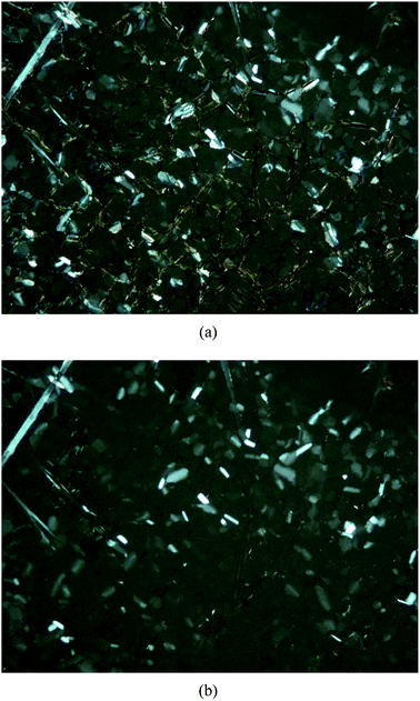 Textures observed of the mesophase for [N1 1 1 16]2[B12Cl12] using POM (100 × magnification) under crossed polarizers at (a) 38 °C and (b) 78 °C. Both photographs were taken after cooling of the samples from the isotropic phase.