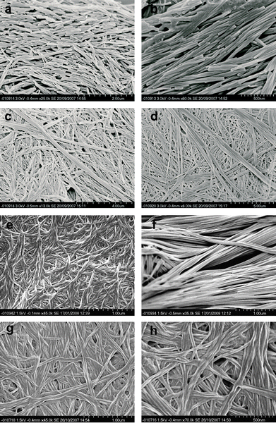 SEM images of mixed 12 and 2 gels. (a) and (b) Helical structures found in a xerogel from a 1 : 1 mixed gel of 12 and 2 in MeCN at 0.5% by weight. (c) and (d) Possible physical mixtures of gel fibres found from the same mixed gel. SEM images of (e) 14 gel morphology, (f) 16 gel morphology, (g) and (h) gel of 1 : 1 mixture of 14 and 16. All gels of 14 and 16 are at 1% by weight in total and are gels of CHCl3.