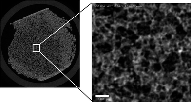 Reconstructed X-ray tomography slice of model ice cream with 3.2%-wt NaI added to the recipe. The dark regions correspond to air bubbles, the brightest regions denote unfrozen matrix. The overview image shows boundary effects at the interface, resulting from the extraction of the sample from a larger block with a saw at -60 °C. The subvolume for evaluations was taken from the undisturbed center. The scale bar on the right is 100 μm.