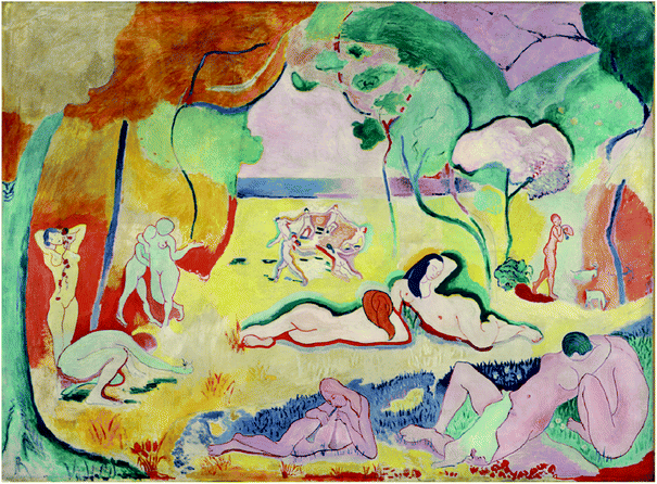 Henri Matisse, French, 1869–1954 Le Bonheur de vivre, also called The Joy of Life, between October 1905 and March 1906, Oil on canvas, 69 1/2 × 94 3/4 in. (176.5 × 240.7 cm), The Barnes Foundation, BF719. Note the tan-brown alteration crusts on the yellow foliage at the upper left and the faded region below the central reclining figures.