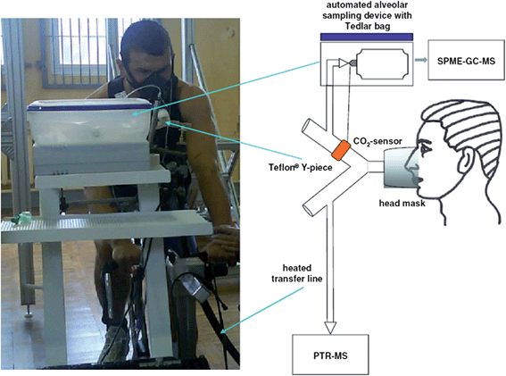 Schematic of the sampling device for on-line human breath sampling coupled with PTR/MS detection.48