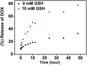 
            In vitro release of doxorubicin from SPU2 nanoparticles at different concentrations of GSH at 37 °C and pH = 7.4.