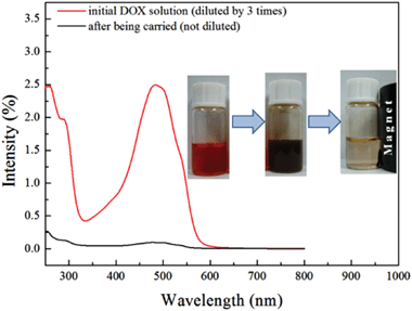 UV-vis absorption spectra of DOX in water solution before (red line) and after (black line) loading. The inset pictures show the process of the loading of DOX to the Fe3O4@C nanocapsules: the water solution of DOX was mixed with the Fe3O4@C nanocapsules forming a homogeneous colloid solution, and then the nanocapsules were separated from the solution under an external magnetic field. It can be seen from the pictures that almost all the DOX in water was loaded onto the Fe3O4@C nanocapsules.