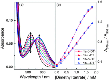 (a) UV spectra changes of 0.1 mM 1a in MeCN upon addition of dimethyl d-tartrate; (b) the ratio of absorbance at 576 nm to 516 nm versus concentration of d/l-tartrate for 1a and 1b.