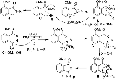 Proposed mechanism for aza-Wittig/cyclisation reaction of o-phthalaldehydic acid/methyl ester derivatives.