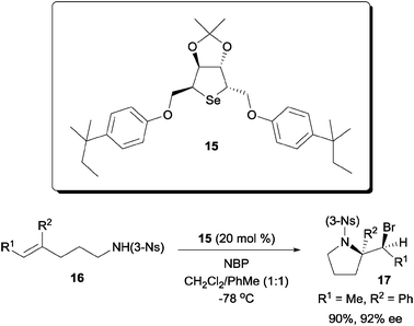 Enantioselective bromoaminocyclization with cyclic dialkyl selenide.