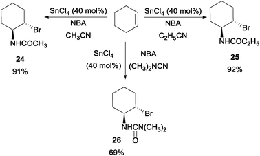 Tin(iv) chloride catalyzed haloamidation of olefin.