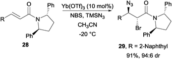 NBS induced bromoazidation of α,β-unsaturated carboxylic acid derivatives.